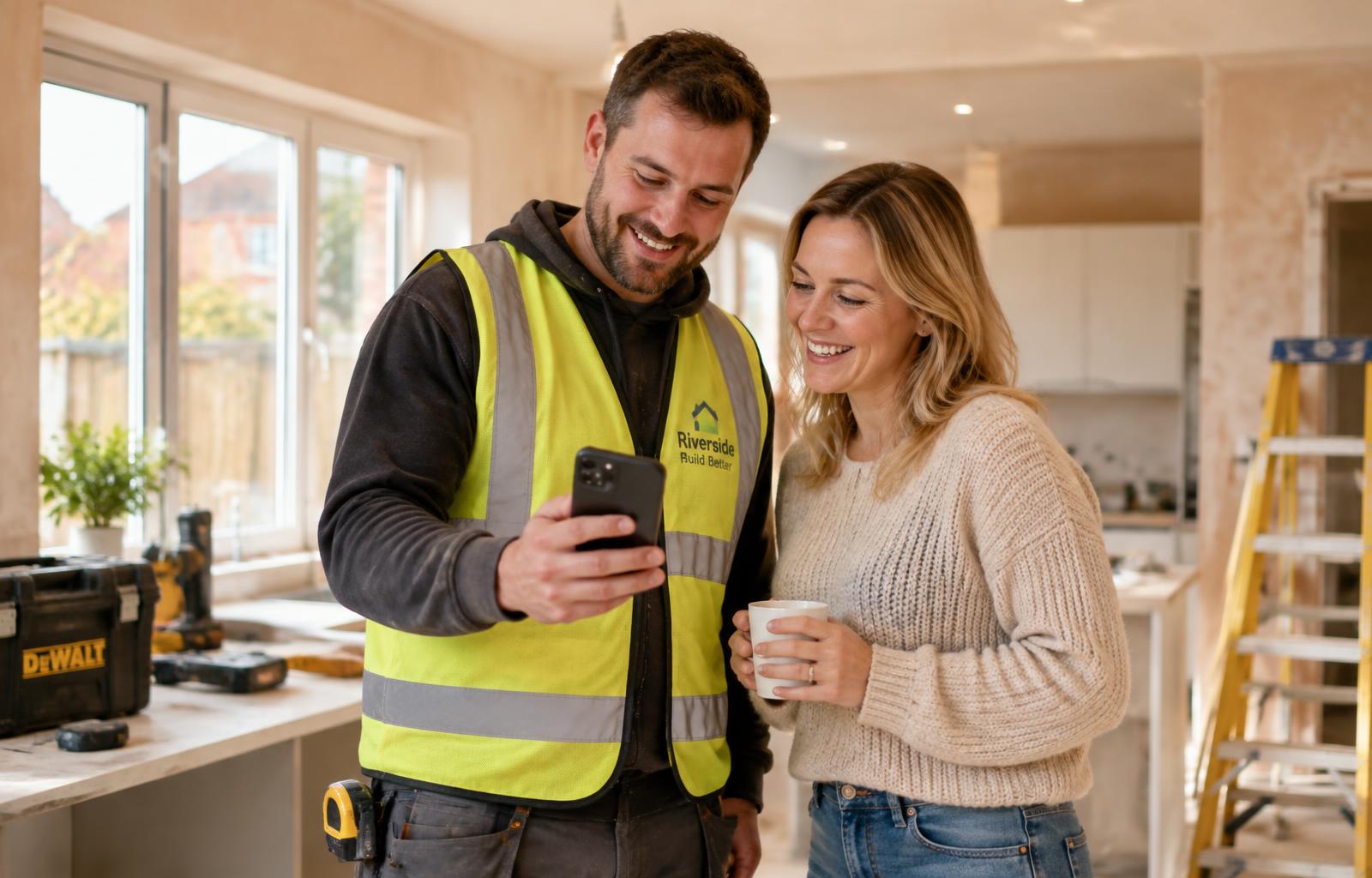A tradesperson showing a customer their quote on a phone