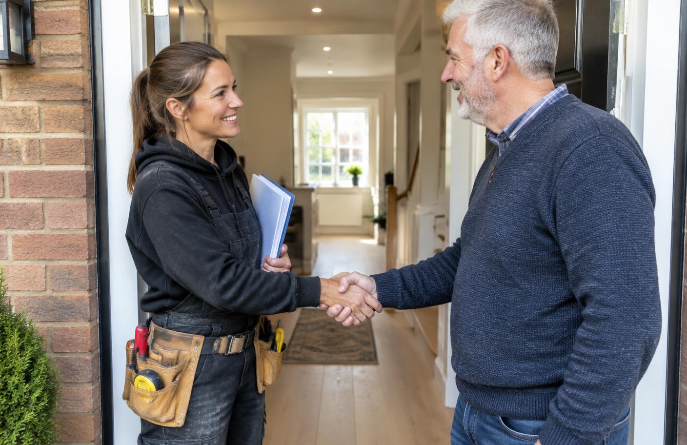 A tradesperson shaking hands with a happy homeowner at the door after finishing a job