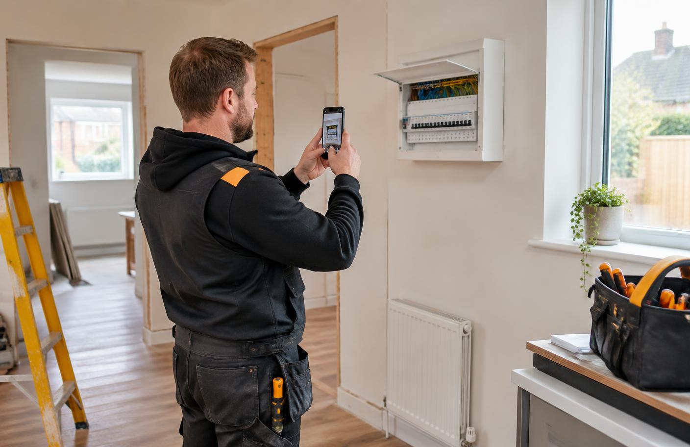 An electrician photographing completed work on site with his phone